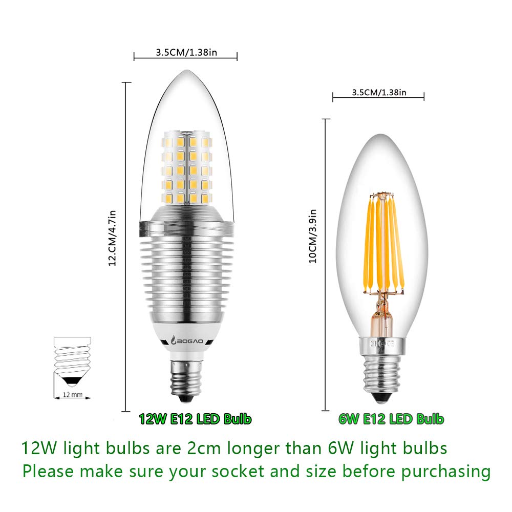 BOGAO E12 LED Candelabra Bulb, 12W Daylight White 6000K LED Candle Bulbs, 80-100 Watt Light Bulbs Equivalent, E12 Candelabra Base,1200 Lumens LED