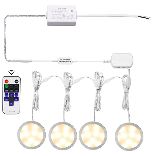 AIBOO Linkable LED Under Cabinet Lights Direct Wired 12V Slim Aluminum Dimmable Puck Lights with RF Remote Control for Accent Lighting (4 Lights, Warm