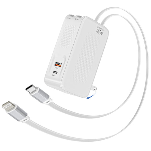 Retractable Wall Charger with Dual Cables,4-in-1 45W Retractable Phone Charger with Dual Port(USB C+USB A) 3.3FT USB C & Lightning Cable Foldable