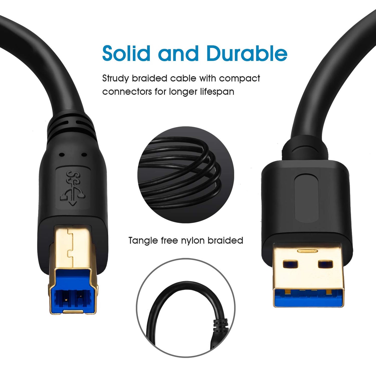 Jelly Tang USB 3.0 Cable A Male to B Male 25Ft,Superspeed USB 3.0 A-B/A Male to B Male Cable - for Scanner, Printers, Desktop External Hard Drivers
