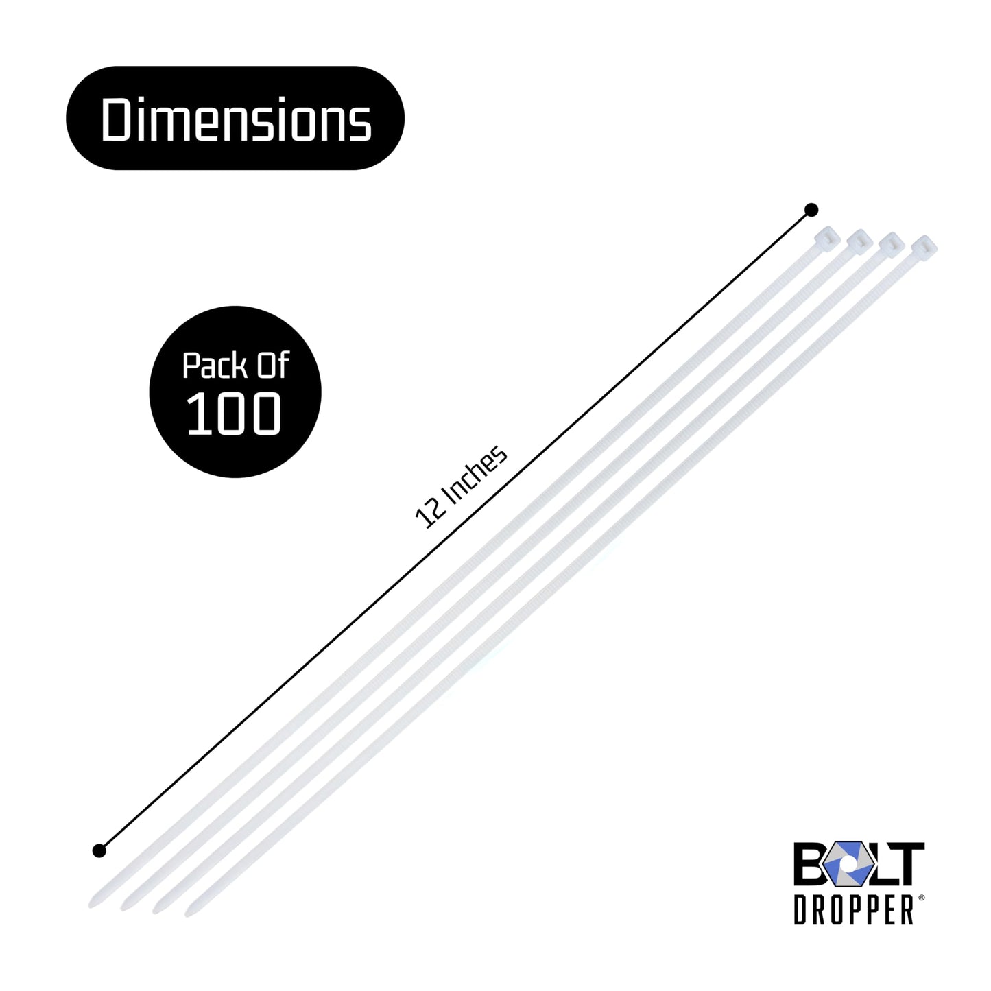 12" White Zip Cable Ties (100 Pack), 40lbs Tensile Strength, Heavy Duty, Self-Locking Premium Nylon Cable Wire Ties for Indoor and Outdoor by Bolt