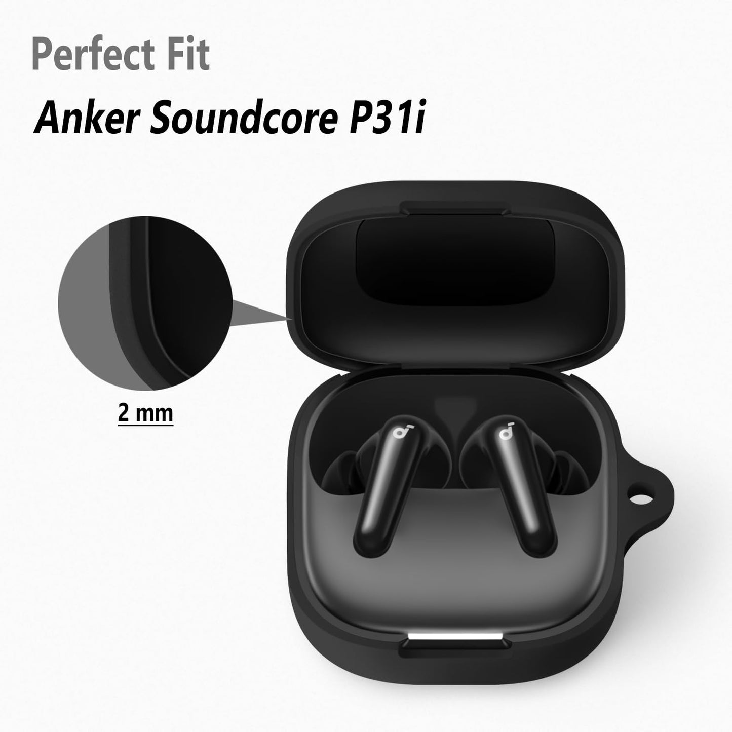Geiomoo Silicone Case for Anker Soundcore P31i, Anker Soundcore R60i NC, Soft Flexible Scratch Resistant Protective Cover with Carabiner (Black)