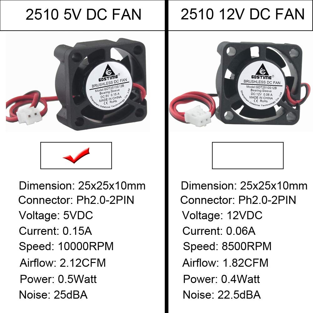 GDSTIME 25mm x 25mm x 10mm 5v Small DC Brushless Cooling Fan