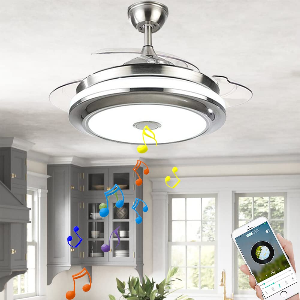 MORE CHANGE 36" Retractable Ceiling Fans with Lights and Music Speaker,Modern Bluetooth LED Chandelier Fans for Dining Room wih Remote Control 3