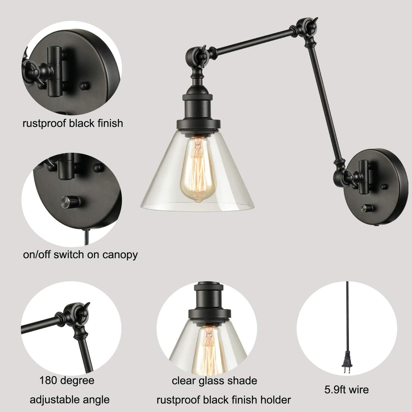 DANSEER Swing Arm Wall Lamp Industrial Plug in Wall Mounted Wall Sconce with On/Off Switch