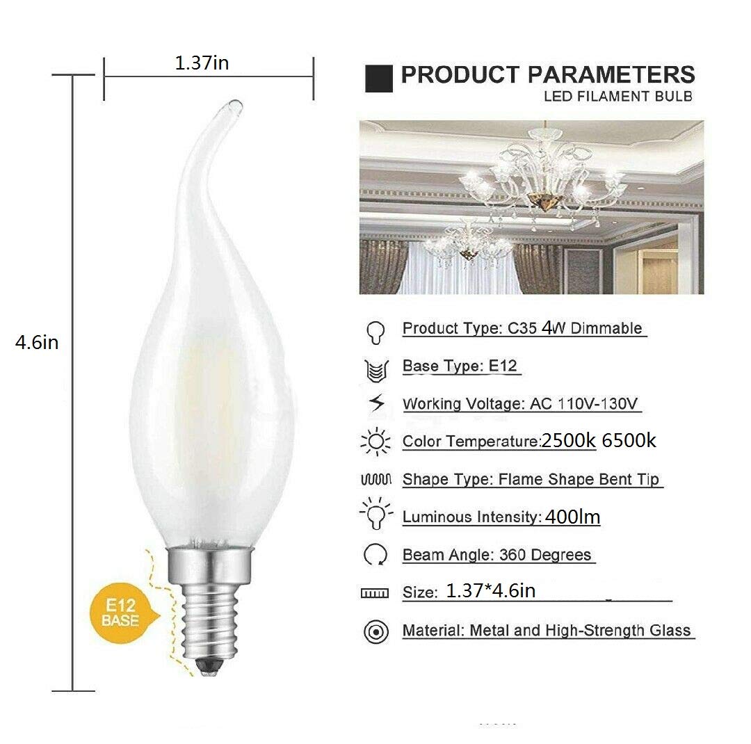LXCOM Lighting LED Candelabra Light Bulb 4W Dimmable Filament LED 40W Equivalent, E12 Base, C35 Frosted Glass, Flame Shape, Daylight White 6500K, 8