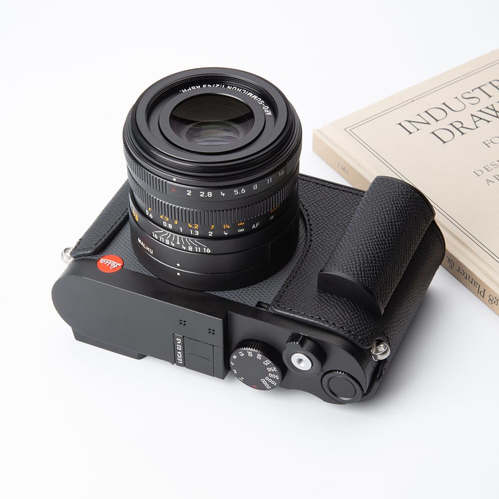 Q3 Vintage Genuine Leather Camera Case Handmade Half-Wrap Camera Protector with Aluminum Baseplate for Leica Q3 43 (Black - PalmSwell Texture Black