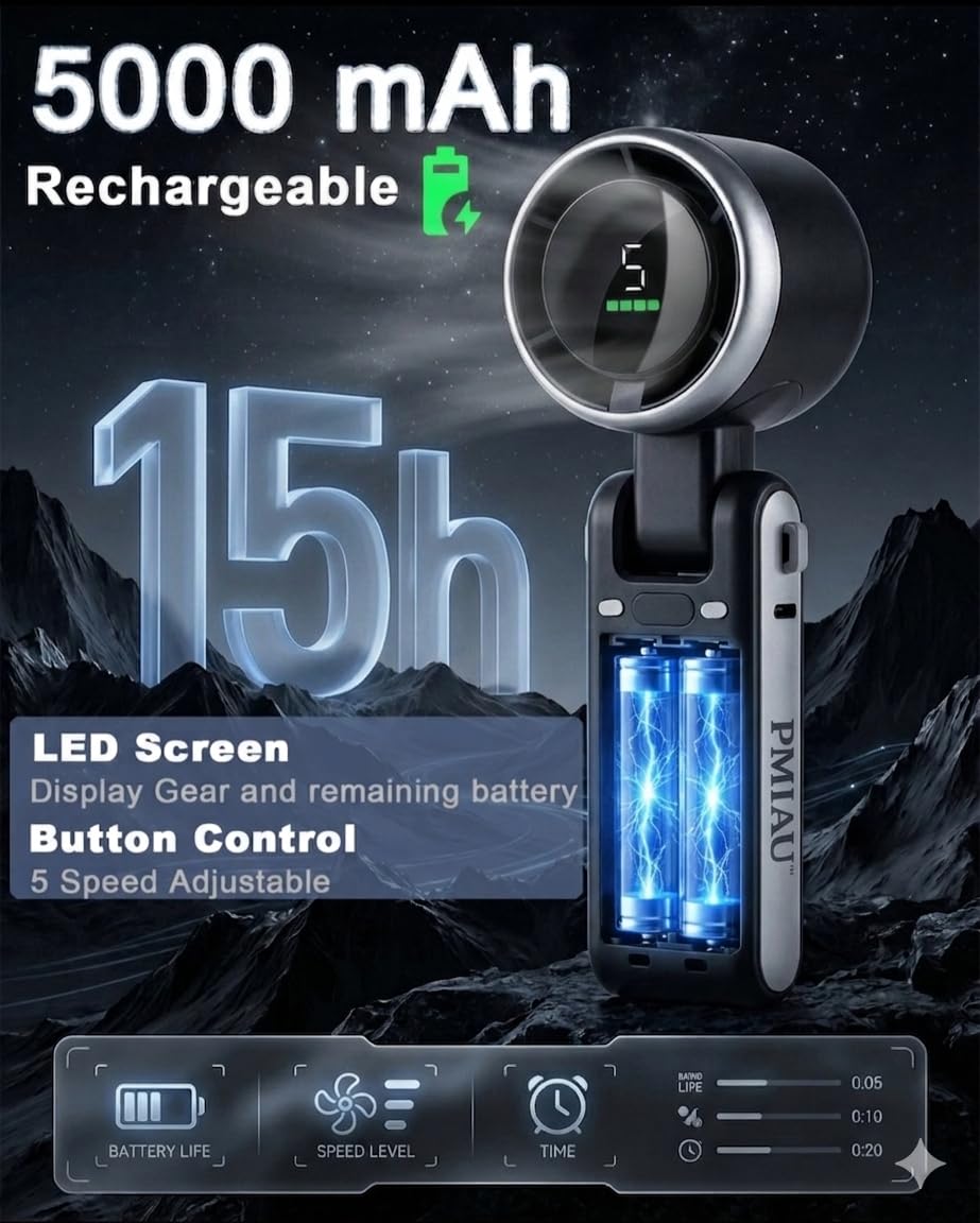 PMIAU Portable Mini Fan 5000mAh (15hours) Rechargeable USB Desk Fan, 5 Speeds Personal Cooling Fan, 6.7 in Compact Quiet Fan for Office, Bedroom