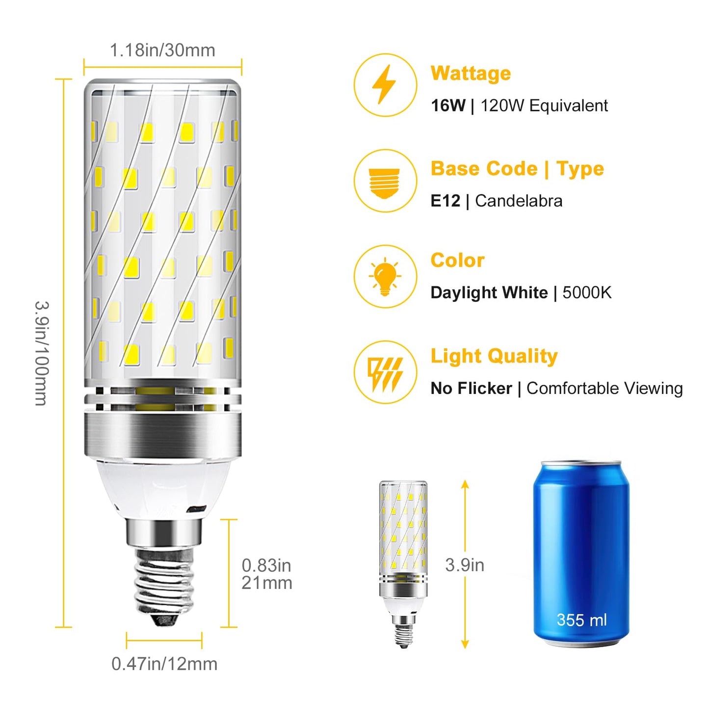 YGS-Tech E12 LED Corn Bulb, 6000K Daylight White, 16W 1500LM LED Bulb, CRI80+, 120W Incandescent Equivalent, Non-Dimmable Light Bulb for Home