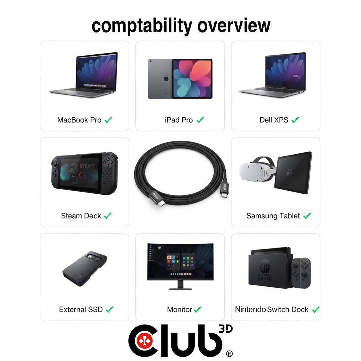 Club 3D USB C to USB C Cable 16.4ft - 5m 10Gbps Data Transfer 60W Fast Charging 8K@60Hz Video - Long USB-C Cable for MacBook Pro, Nintendo Switch