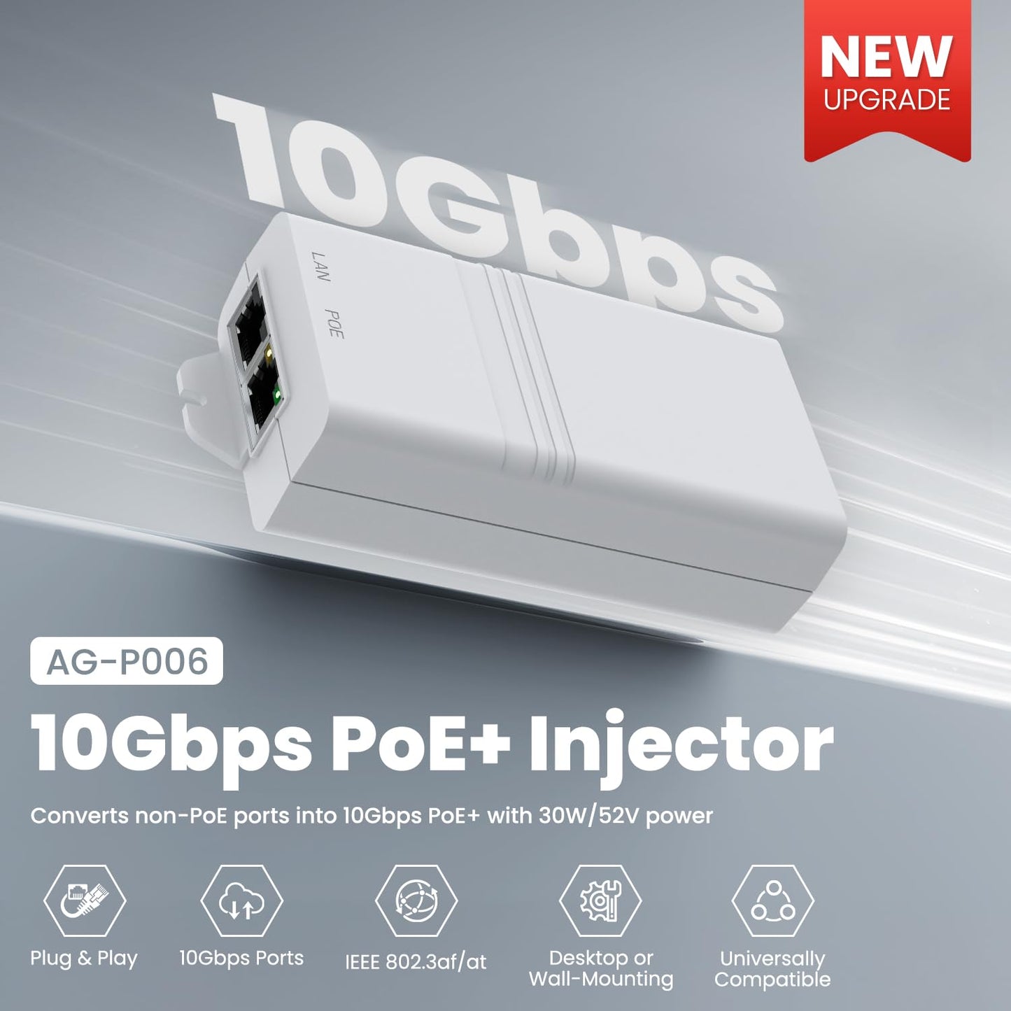 10Gbps PoE+ Injector, 30W IEEE 802.3at/af Compliant, 10 Gigabit Ethernet Port, for High-Speed Data Transmission to IP Camera, Access Point, NVR