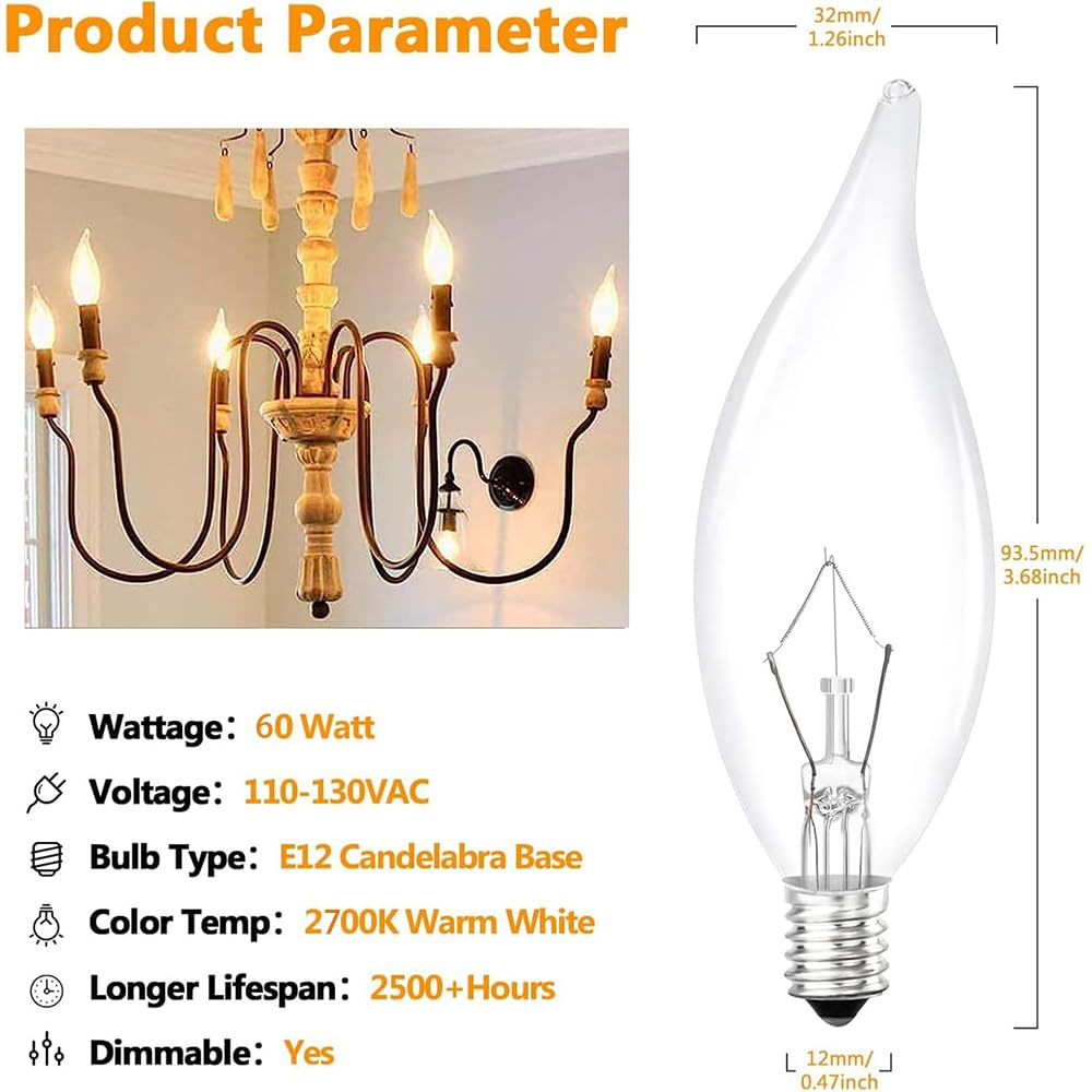 Tiqian 12-Pack Clear B10 CTC E12 Base Decorative Candle Light Bulbs, 60W, 480 Lumens, 2700K Warm White, Dimmable Incandescent Bulbs for Chandeliers