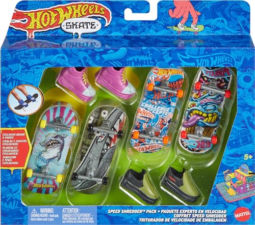 Hot Wheels Skate Tony Hawk Set of 4 Fingerboards & 2 Pairs of Removable Skate Shoes, Speed Shredder Pack of Fully Assembled Boards, 1 Exclusive Set