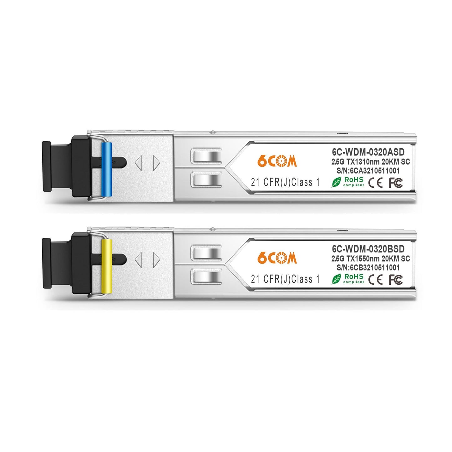 6COMGIGA A Pair of 2.5G SFP SC Connector Bidi Transceiver, 1310nm/1550nm SMF Transceiver, up to 20km, Compatible with Cisco, Ubiquiti, D-Link