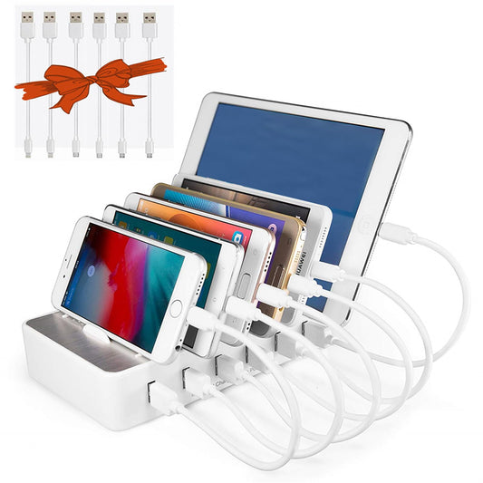 Charging Station for Multiple Devices,50W 6 USB Ports Family Charger Compatible with Apple iPhone iPad and Android Phone and Tablet