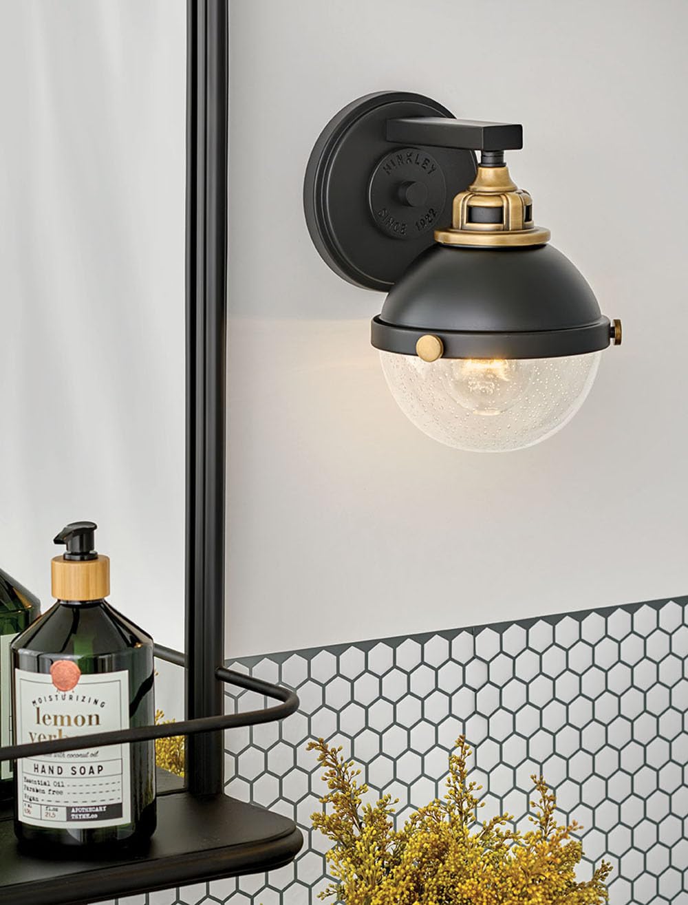 Hinkley Fletcher 5170BK Single Light Vanity Wall Sconce, Vintage Industrial Fixture, Clear Seedy Glass, Bath and Beyond, Black and Heritage Brass