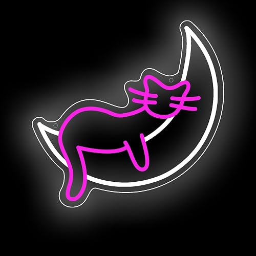 Pink Cat Moon LED Neon Sign Dreamy Night Light for Bedroom Wall Decor USB Powered Flexible Light Strip for Girl's Room, Cafe, Pet Shop, Gift for Cat