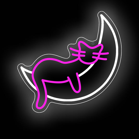 Pink Cat Moon LED Neon Sign Dreamy Night Light for Bedroom Wall Decor USB Powered Flexible Light Strip for Girl's Room, Cafe, Pet Shop, Gift for Cat