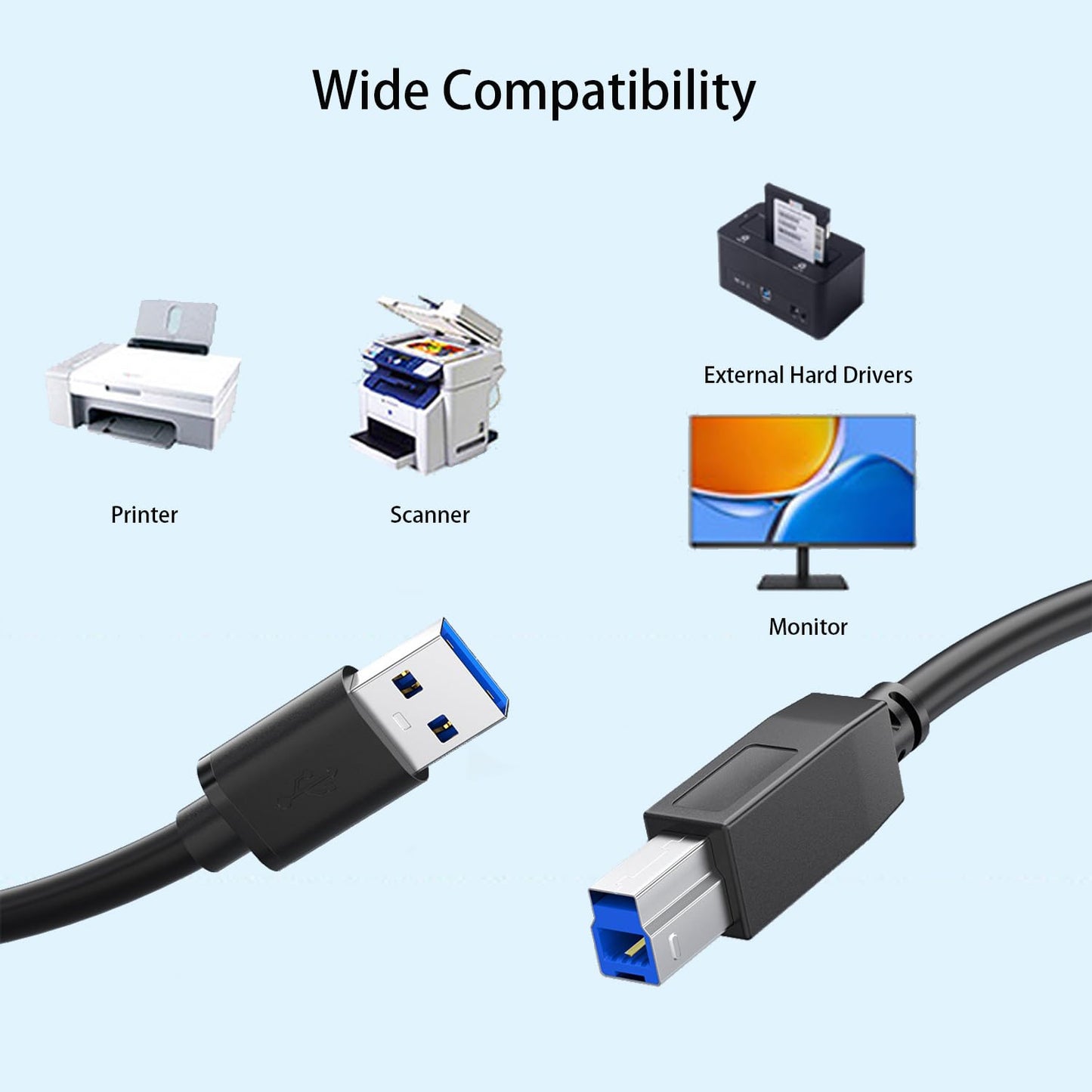 Pocxwa USB 3.0 Printer Cable, USB-A to B Male Cord 5Gbps Data Sync Compatible with Printers, Scanner, Docking Station, External Hard Drivers, Monitor