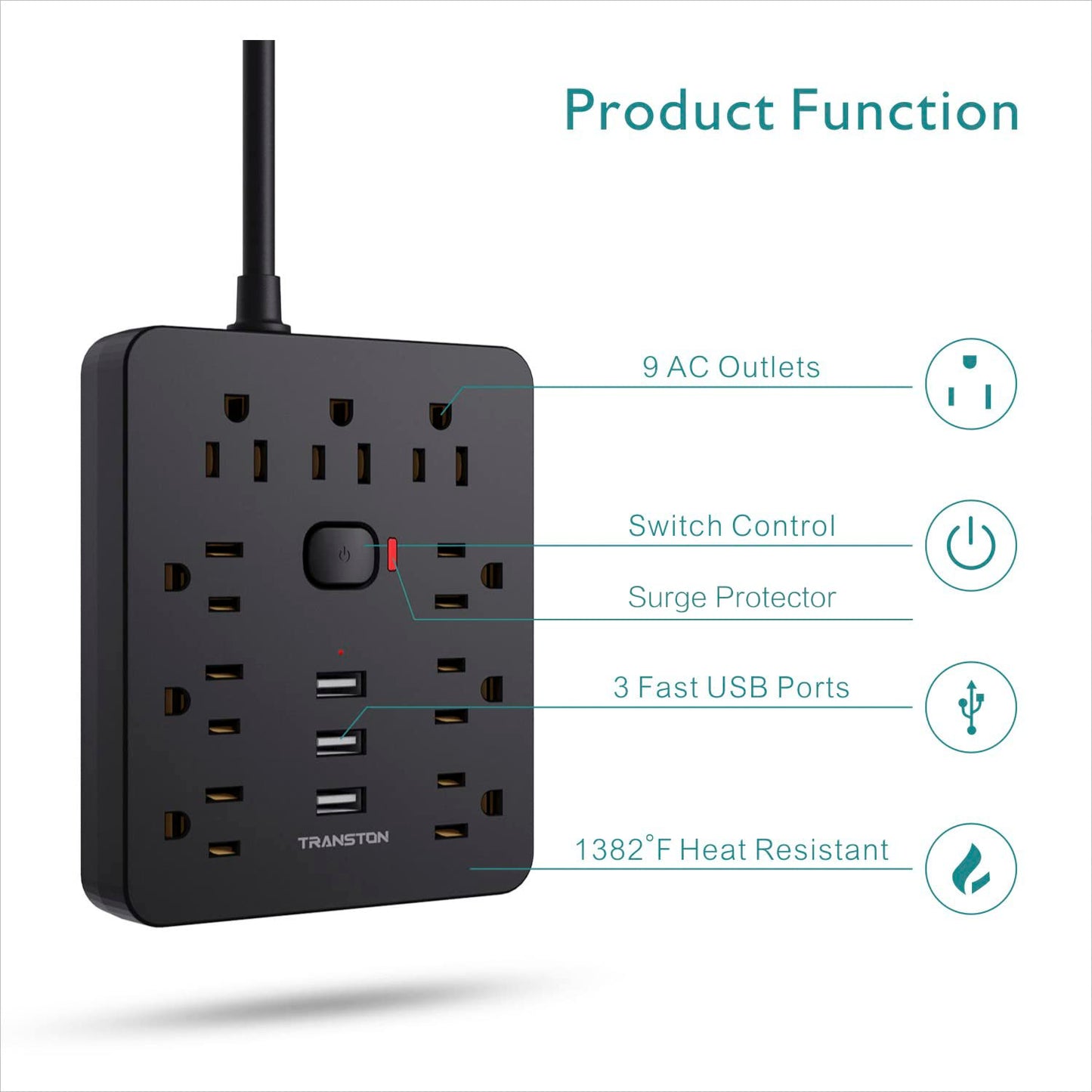 Power Strip Surge Protector with 9 Outlet 3 USB Ports, Fireproof Desktop Charging Station with Flat Plug Wall Mount 5 ft Long Extension Cords for Home