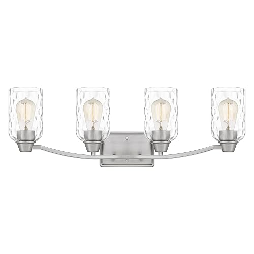 Quoizel Acacia 4-Light Brushed Nickel Vanity Light with Dappled Clear Water Glass, Transitional Style Wall Light for Bathroom or Powder Room