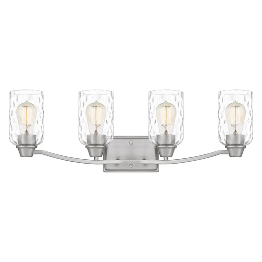 Quoizel Acacia 4-Light Brushed Nickel Vanity Light with Dappled Clear Water Glass, Transitional Style Wall Light for Bathroom or Powder Room
