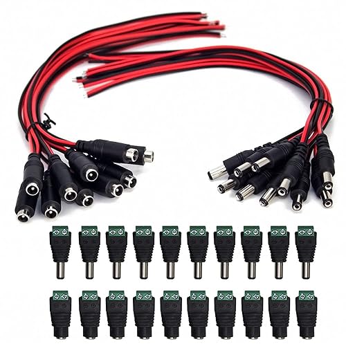 (Real 18AWG 43x2pcs Copper Strands) 10 Pairs DC Power Pigtail Cables Wire 12V 5A Male & Female + 10 Pairs DC Power Jack Plug Adapter Connectors