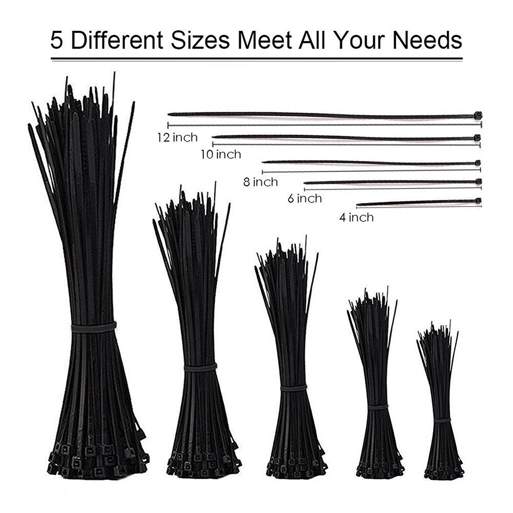 NewMainOne Cable Zip Ties,500 Packs Self-Locking 4+6+8+10+12-Inch Width 0.16inch Nylon Cable Ties,Perfect for Home,Office,Garage and Workshop (Black)