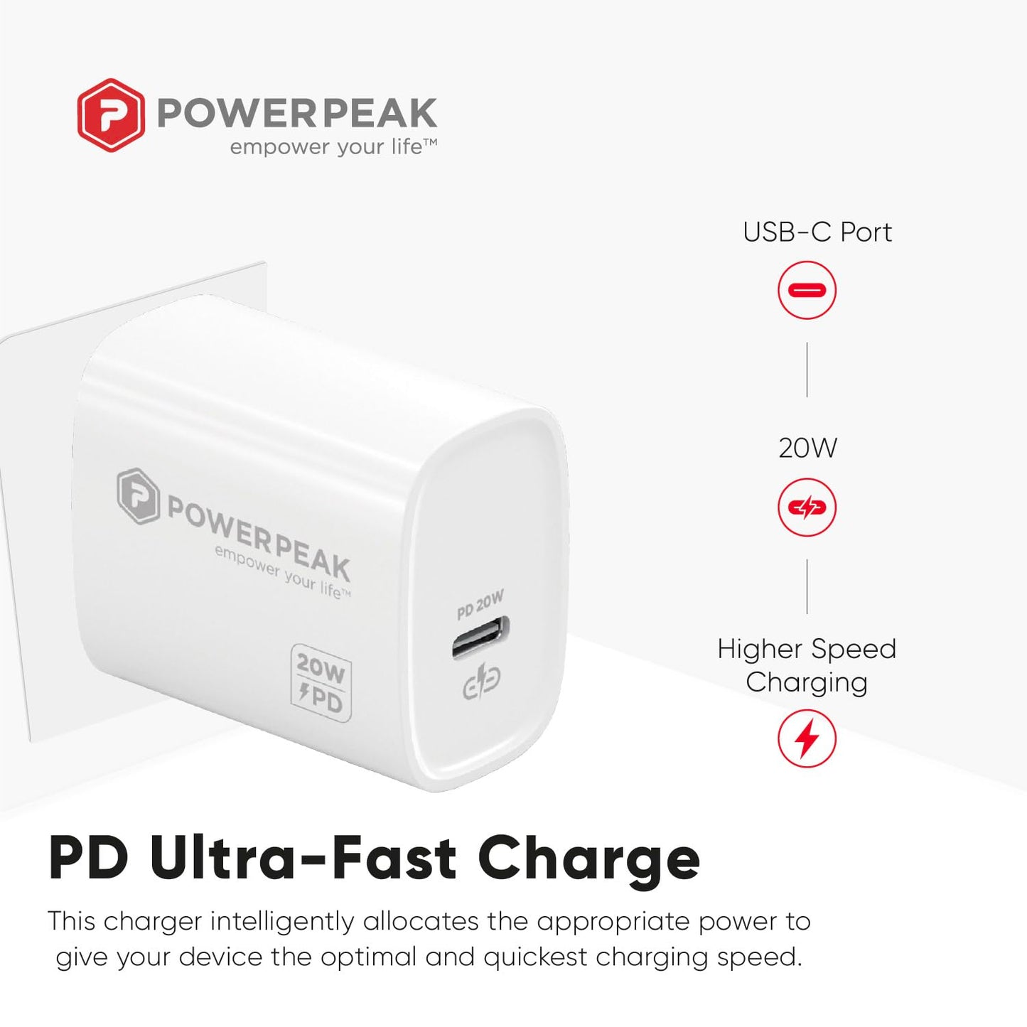 POWERPEAK 20W Fast Charger, USB-C Port, 20W USB-C Power Adapter PD, Compact Power Adapter for iPhone 17/17 Pro Max, Galaxy, Pixel, Smart-iQ Technology