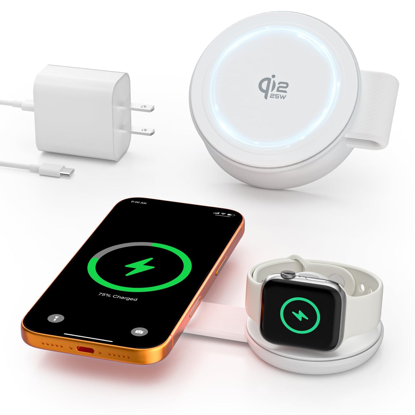 2 in 1 Magnetic Wireless Charger, Qi2 25W Fast Charging Travel Station Pad Compatible with MagSafe for iPhone Air/17/16/15/14/13/12, 5W for Apple
