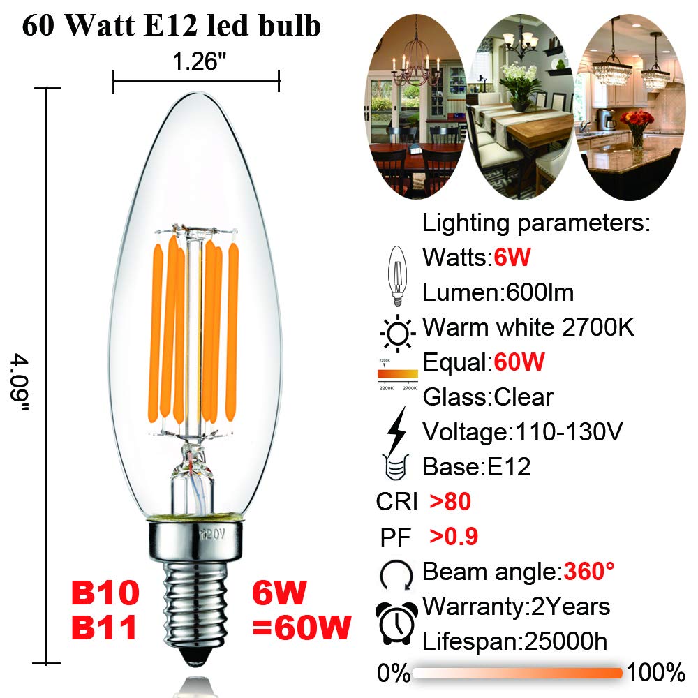 LiteHistory B10 Light Bulb,E12 Candelabra Bulb 60 watt,Dimmable,2700K Clear