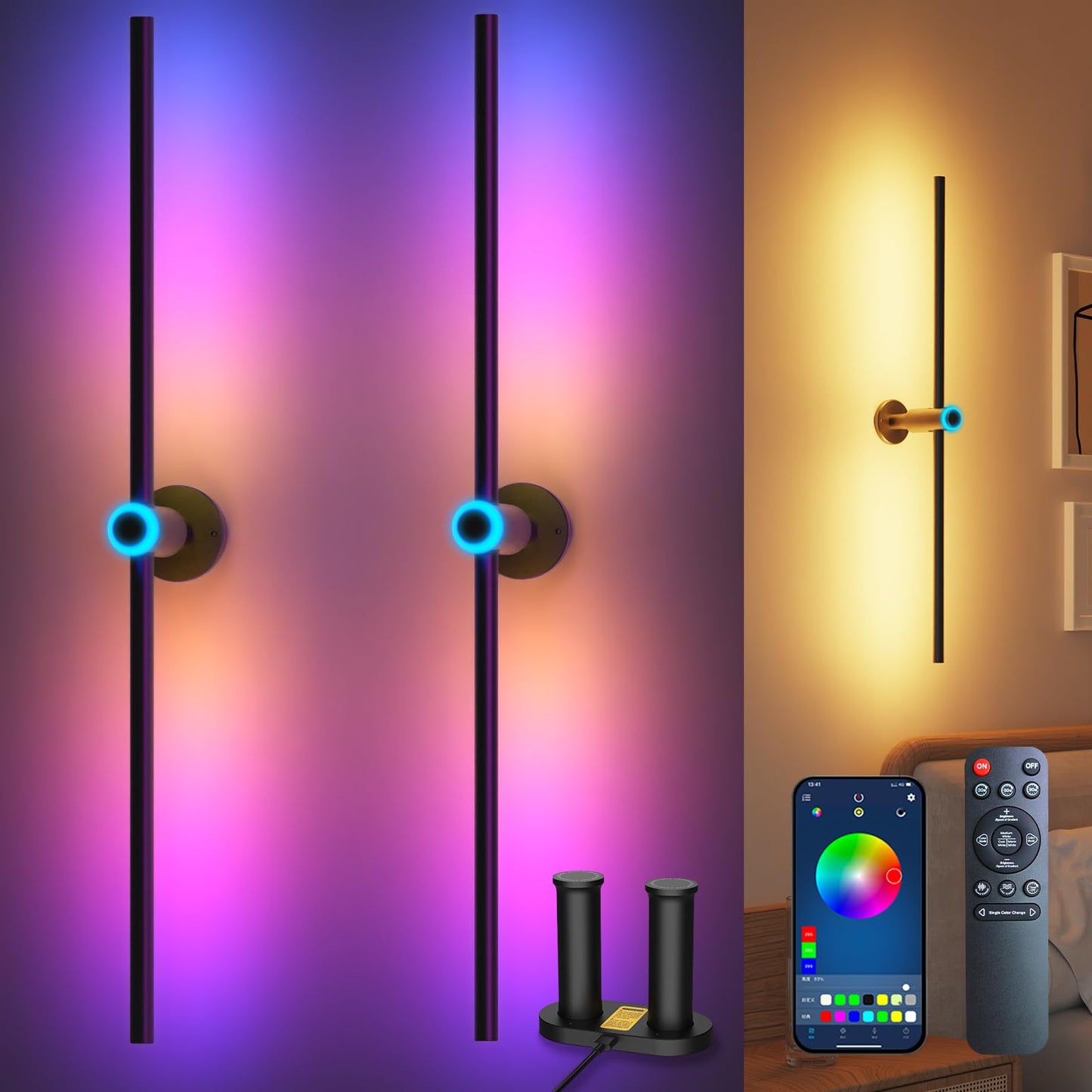 Battery Operated Wall Sconces Set of two, Rechargeable Wall Lights with 4 Pack Replaceable Batteries, 16 Million DIY Colors Wireless Wall Lamps