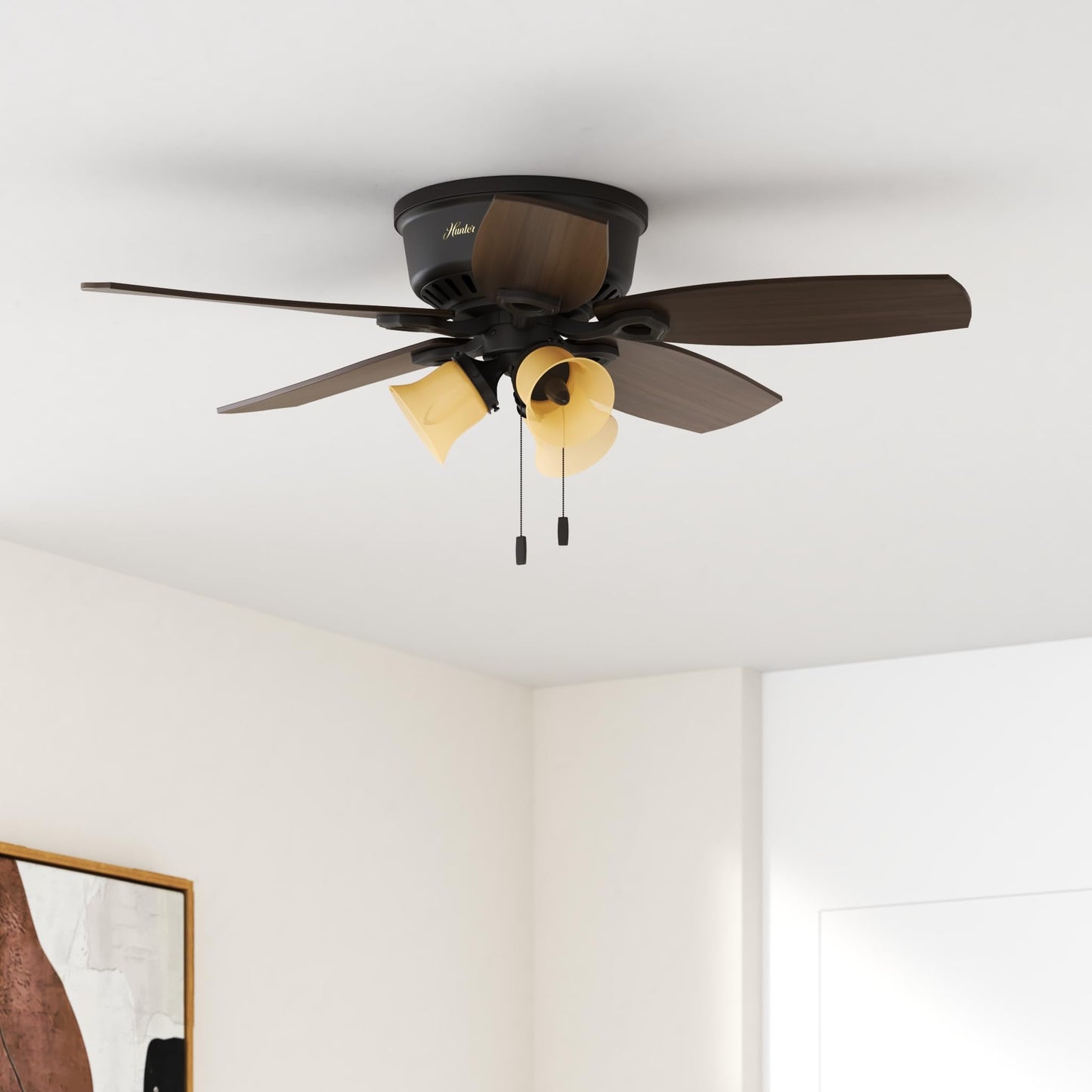 Hunter Fan 42 inch Low Profile Traditional Ceiling Fan in New Bronze - Three-Light Fitter with Cased White Glass (Renewed) (New Bronze)