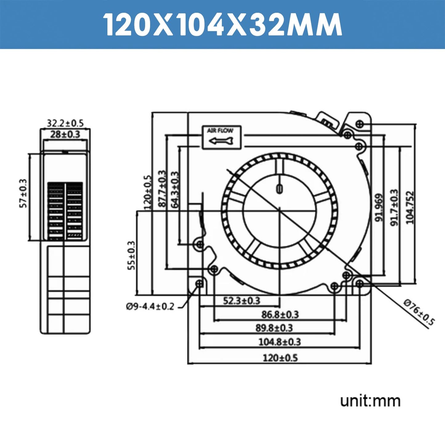WINSINN DC 120mm Blower Fan 12V 12032 Dual Ball Bearing Brushless Cooling Turbine Turbo 120x32mm 2PIN