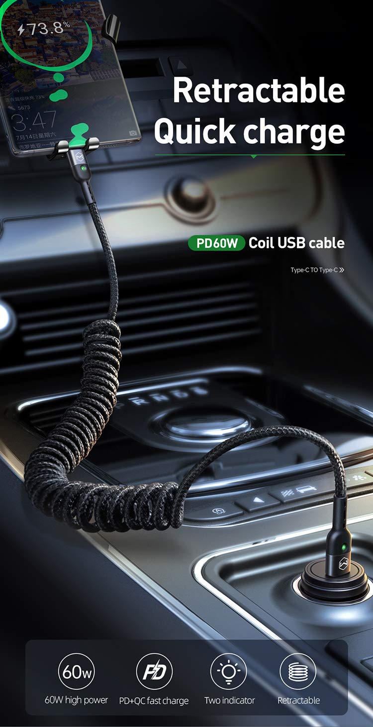 mcdodo [Type C to C] Anti Winding Cable, PD Fast Charging Retractable Data 60W Cable Nylon Braided LED Compatible with Samsung S10,S9,S8+,Google,New