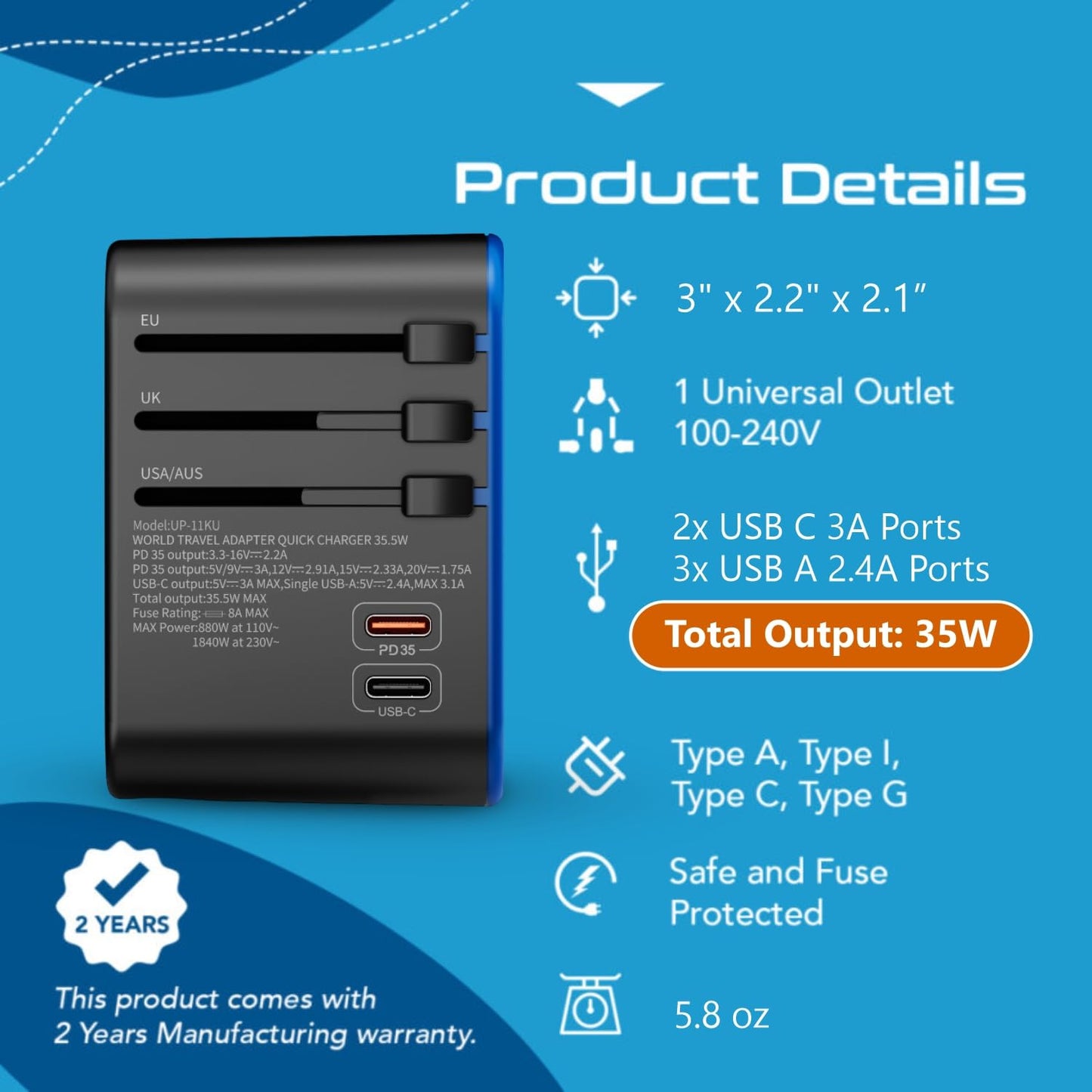 Ceptics 35W Universal Travel Adapter – PD & QC 3.0, Dual USB-C, 3 USB Ports, Worldwide Plug for EU/US/UK/AU – Model 11-KU