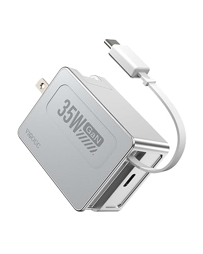 VIGOUC USB C Retractable Fast Charger, PD 35W Dual Port, Wall Adapter Foldable US Plug, Type C Lightning Cable, Compact GaN Charging Block for iPhone