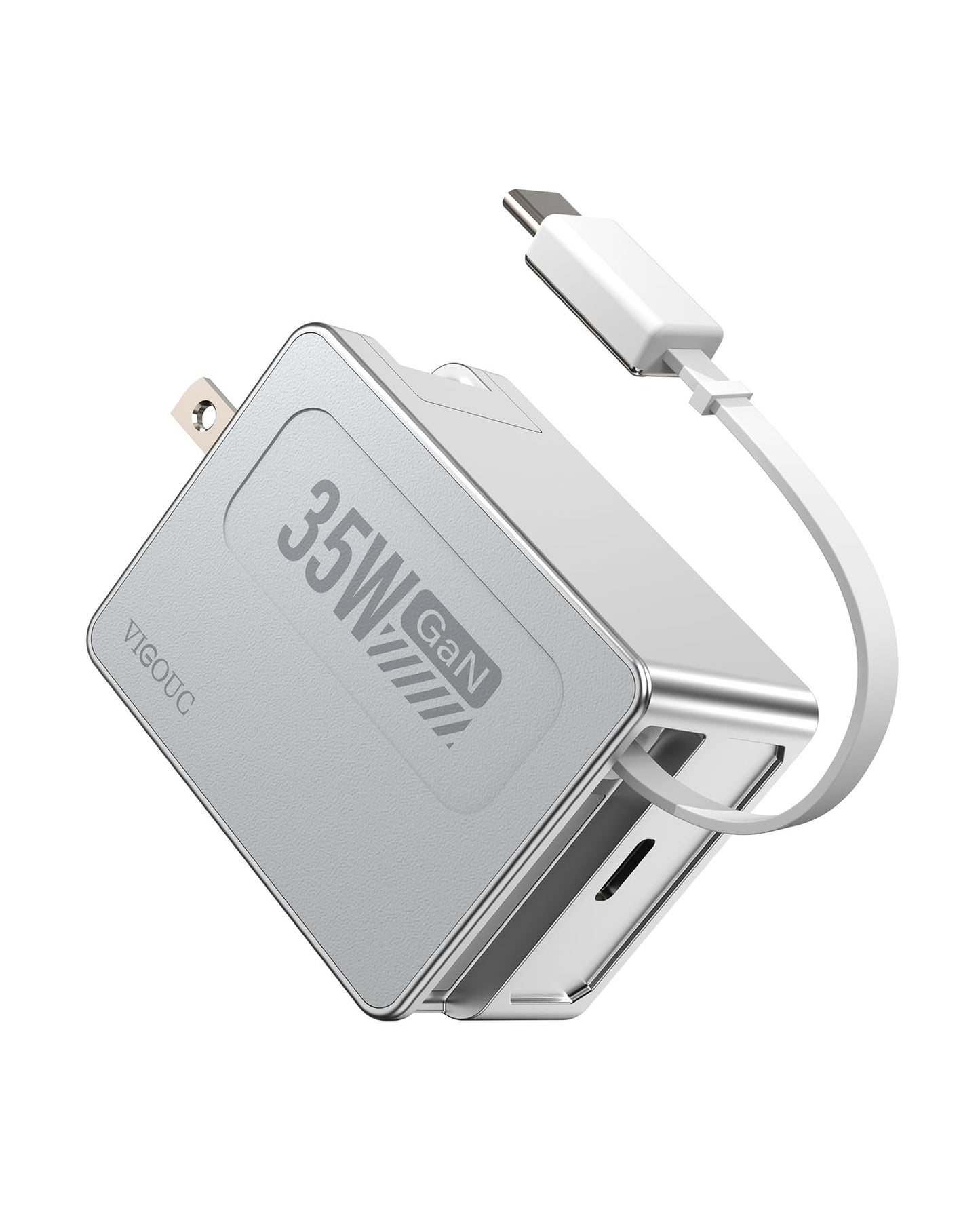VIGOUC USB C Retractable Fast Charger, PD 35W Dual Port, Wall Adapter Foldable US Plug, Type C Lightning Cable, Compact GaN Charging Block for iPhone