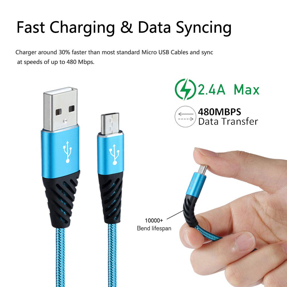Boenoea Fast Phone Charger Android 10ft 5-Pack Long Micro USB Cable Braided Compatible with Samsung Galaxy J3 J7 S6 S7 Edge Note 4 5 LG BlackBerry
