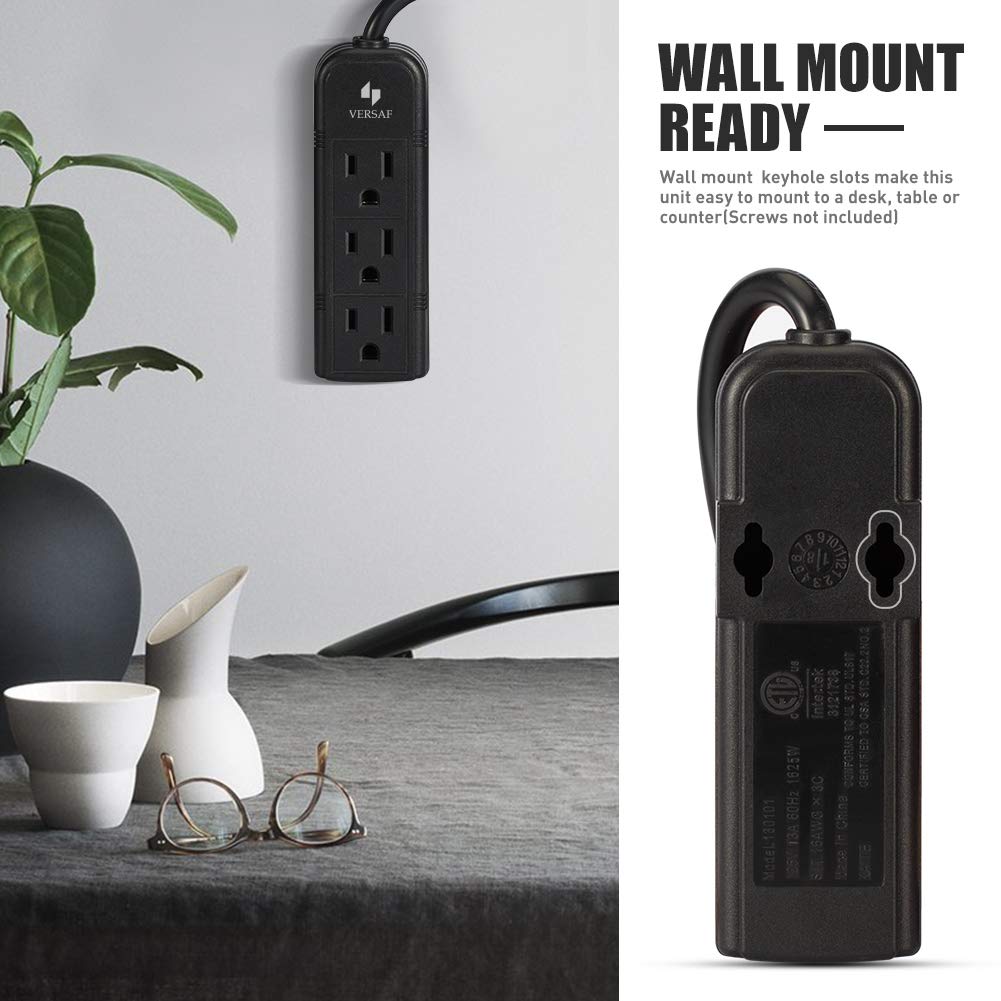 Power Strip 3 Prong Outlet - Slim Black 3 Grounded Outlets Heavy Duty Extension Power Cord Power Strip No Surge Protector with Wall Mount Hole Ideal