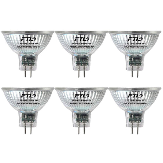 FTL MR16 LED Bulb Non Dimmable 5000K Daylight White Glass 5W AC/DC 12V 50W Halogen Equivalent 500lm GU5.3 Bipin Base 40 Degree Spotlight for Track