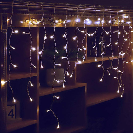 Qunlight Orangie 8 Modes LED Icicle Lights, 9.8 FT 96 LED Fairy String Lights Plug in Extendable Curtain Light String Christmas Lights for Bedroom