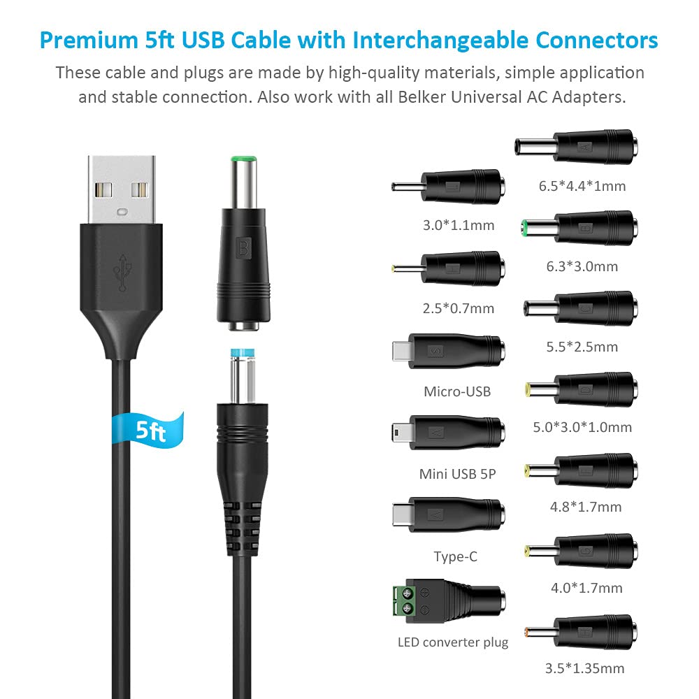 Belker Universal 5V DC 5.5 2.1mm Jack Charging Cable Power Cord, USB to DC Power Cable with 14 Interchangeable Plugs Connectors Adapters Compatible