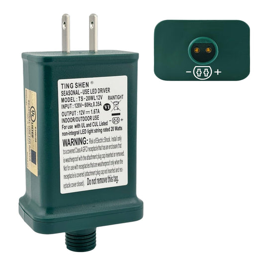 Power Supply TS-20WL12V Class 2 Transformer 12V 1.67A 20W Raintight IP44 US Plug Connector 1/2in 12mm Adapter Replacement for LED String Light Holiday