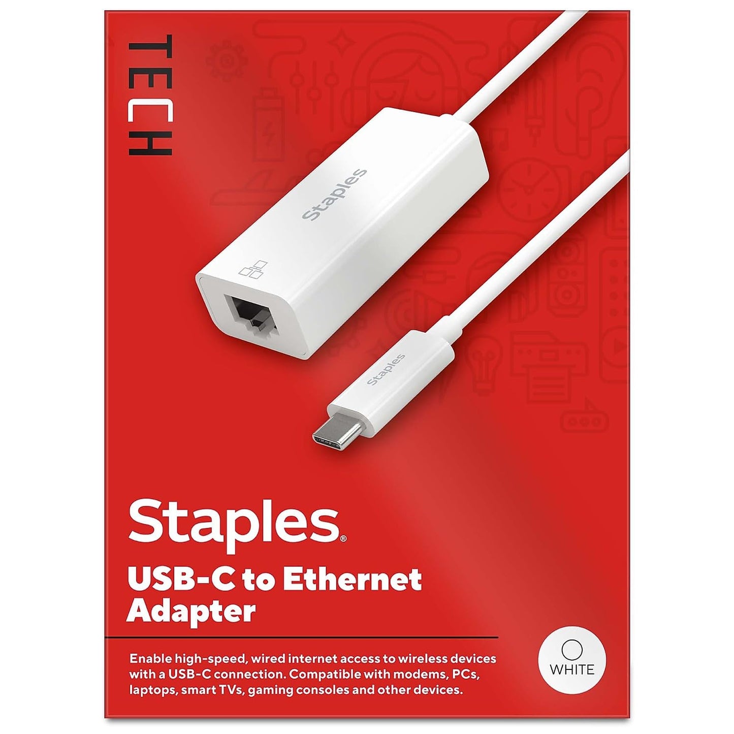 Staples TECH USB-C to Ethernet Adapter, White, USB-C Male to RJ45 Female, Wired Network Adapter for Laptop/MacBook