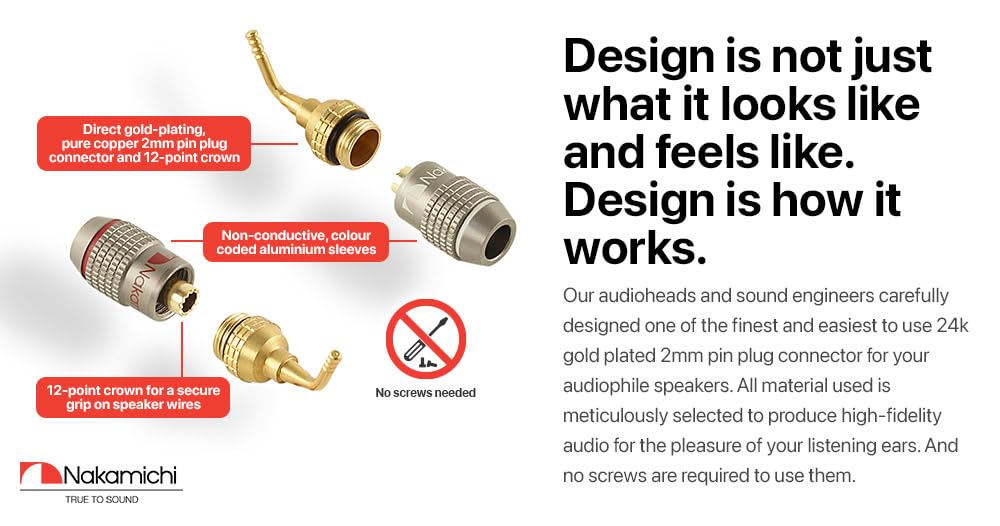 Nakamichi FanLock Excel Series 24k Gold Plated 2mm Pin Plug Banana 10 AWG - 18 AWG Gauge Size 4mm for Spring Clip Speakers Amplifier Hi-Fi Home