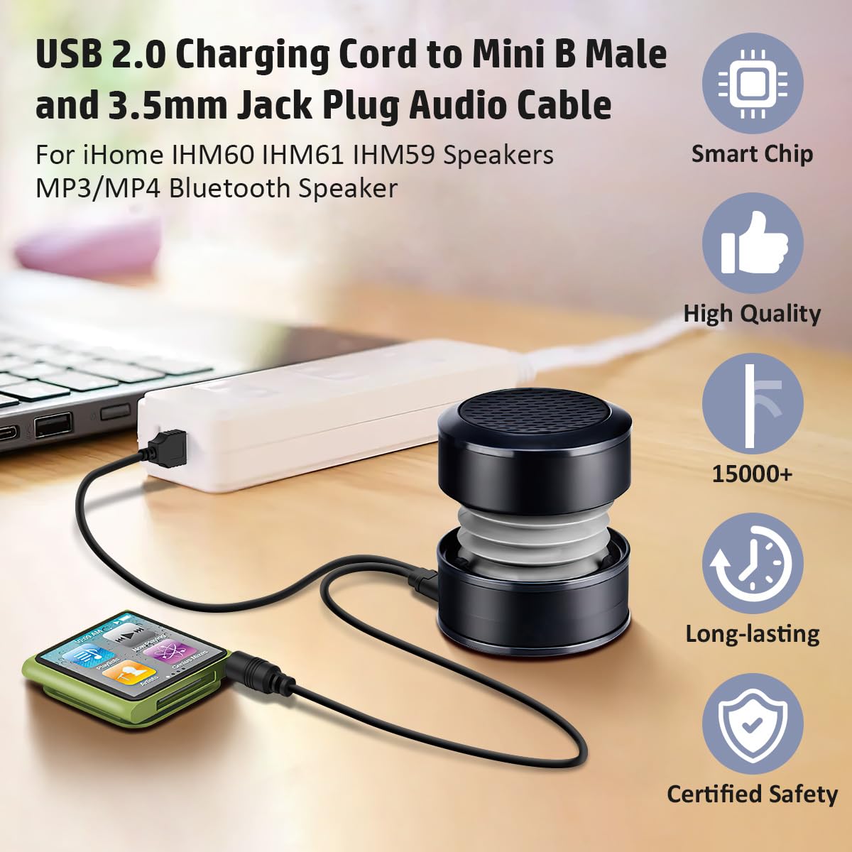 1.67ft USB2.0 Charging Cord to Mini B Male and 3.5mm Jack Plug Audio Cable for iHome IHM60 IHM61 IHM59 Speakers MP3/MP4 Bluetooth Speaker (Mini USB)