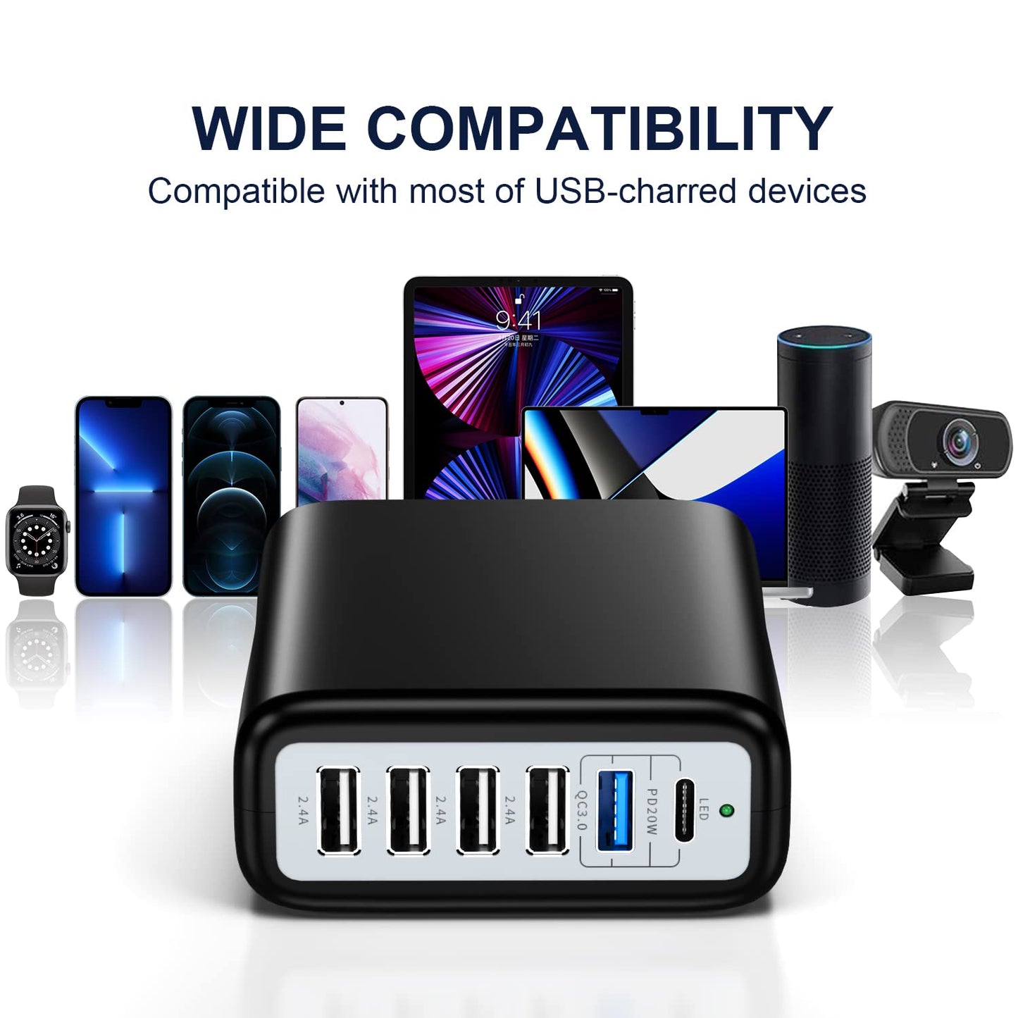 USB C Charging Station Fast Wall Charger USBC Charging Power Hub for Multiple Device Desktop Charge Block 6 Ports Pd3.0 Rapid Strip Adapter Compatible
