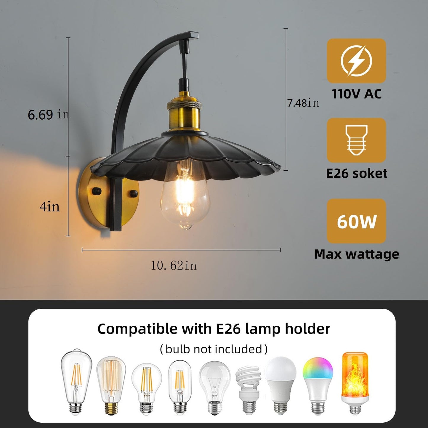 HOREVO Industrial Wall Sconces, Vintage Wall Light Fixtures with Scalloped Metal Shade, Matte Black & Gold Wall Mounted Lamp for Bedroom, Farmhouse