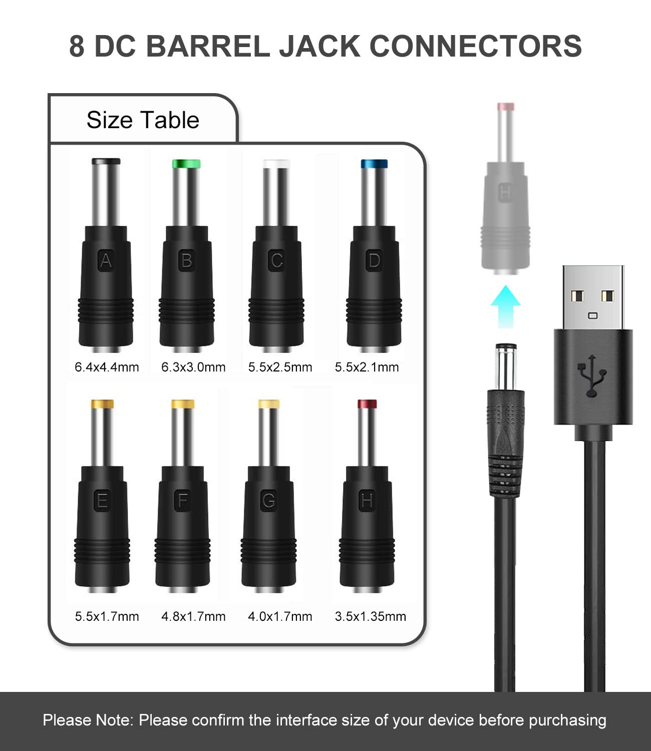 Lantisri 5V DC Power Cable, USB to DC 5.5x2.1mm Plug Charging Cord with 8 Connectors Adapters fit for Speaker, Router, LED Light, Moon Lamp and More